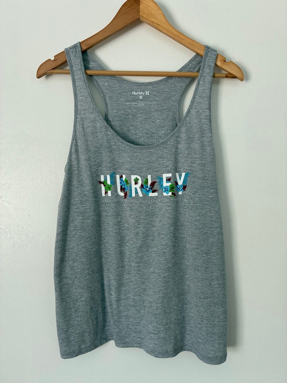 Hurley Gray Racerback Tank Blue Hibiscus Aloha Surf Floral Print Size M